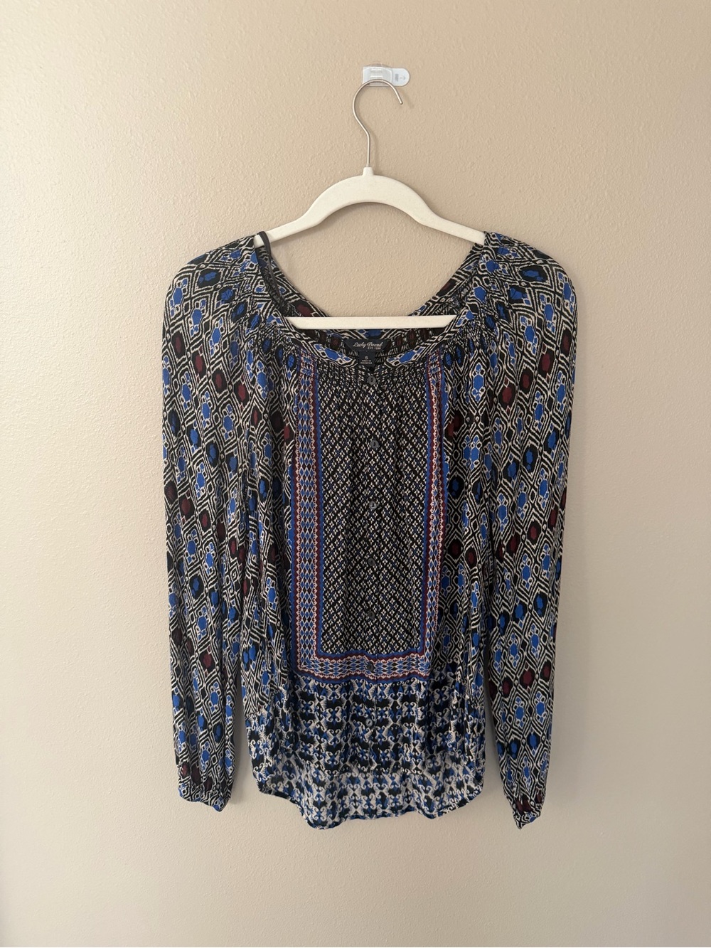 Lucky Brand Blue and Black Boho Peasant Blouse